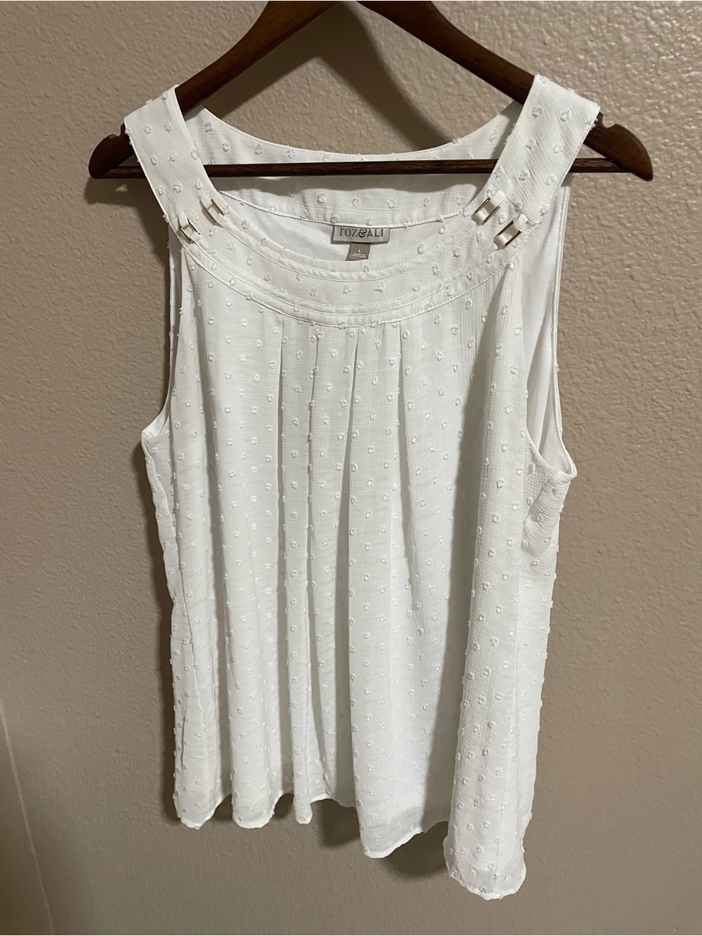 White Swiss Dot Sleeveless Pleat Front Top